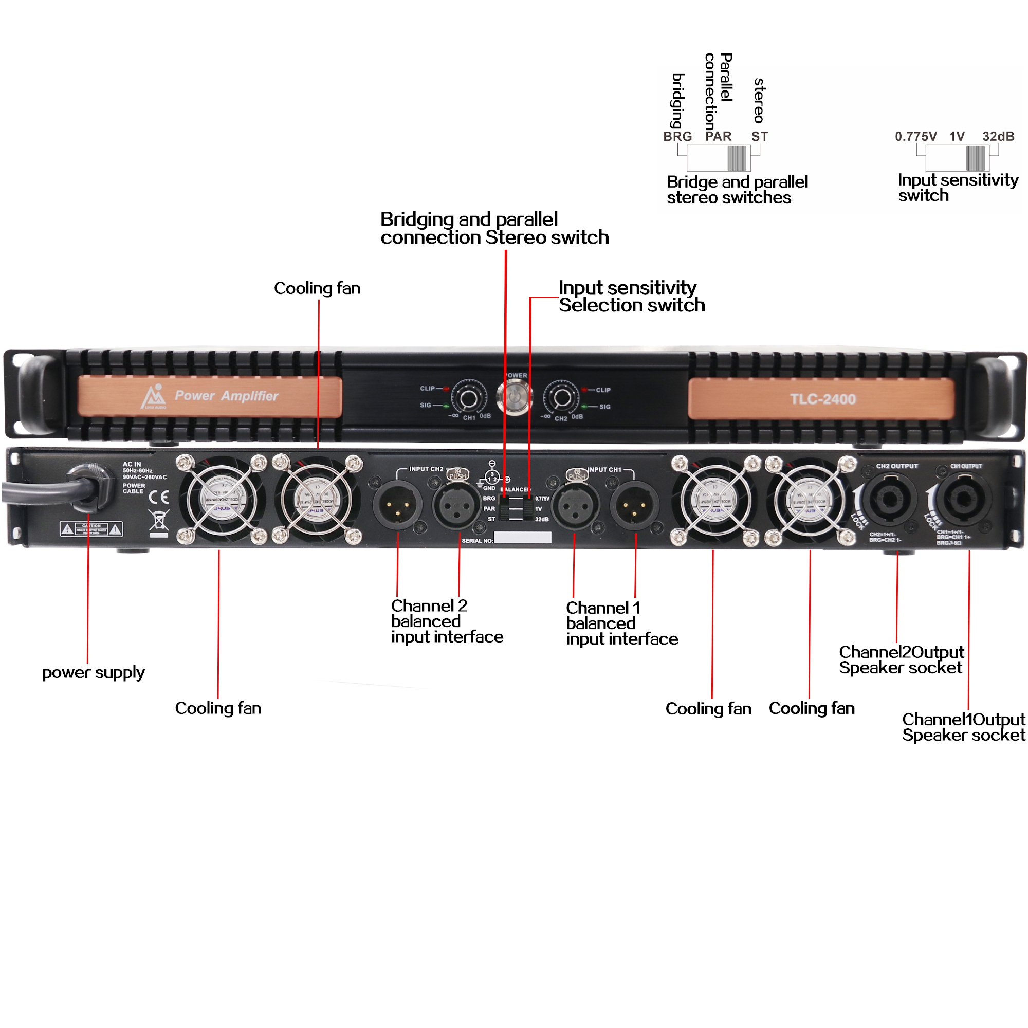 TLC2400 2400w Tow Channel Pro Sound Amplifier with Aluminum Radiator Inside Low And High Tone Control Designed for Touring Audio Systems